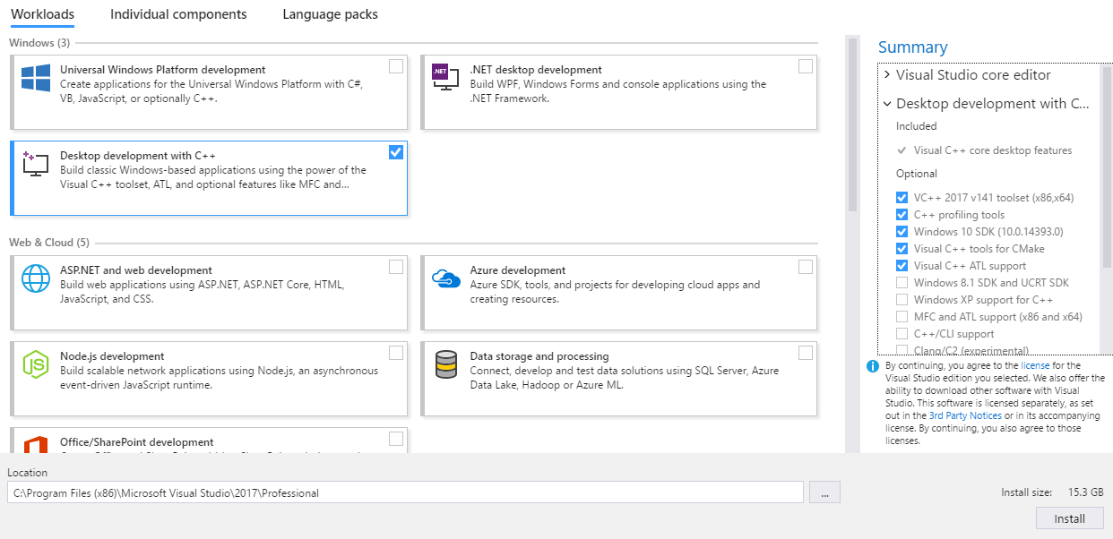 Visual Studio* 2017 インストールのスクリーンショット