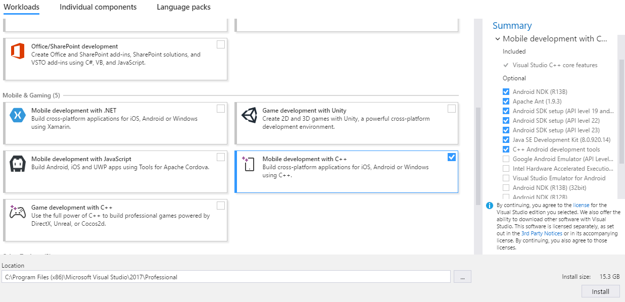 Visual Studio* 2017 インストールのワークロードの選択 (Android* 開発向け)