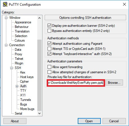 PuTTY* を使用して AWS* EC2* インスタンスへ接続: プライベート・キーを設定