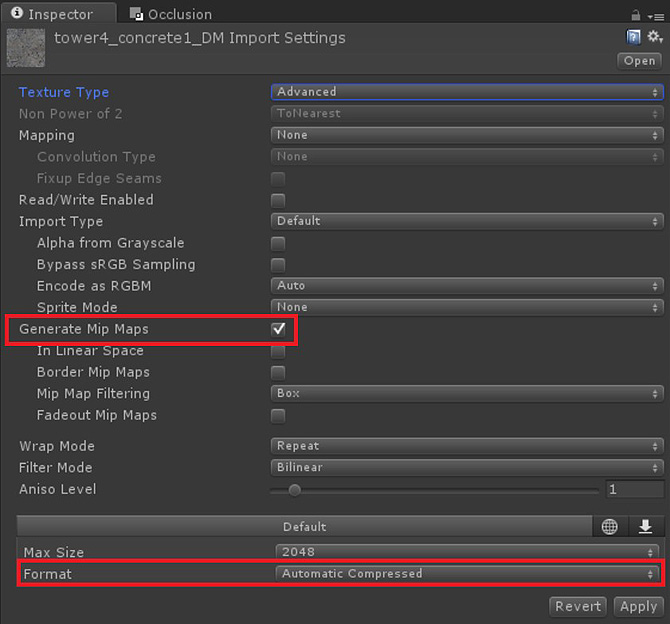 選択したテクスチャーの [Inspector (インスペクター)] タブで圧縮されたテクスチャーとミップマップの生成を選択