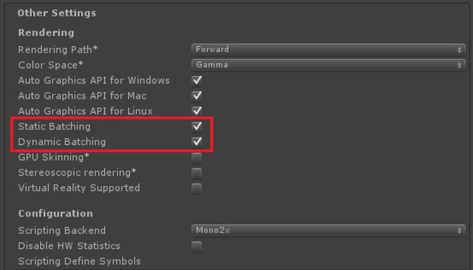 [Other Settings (その他の設定)] の [Rendering (レンダリング)] の [Static Batching (スタティック・バッチ)] チェックボックスと [Dynamic Batching (ダイナミック・バッチ)] チェックボックス