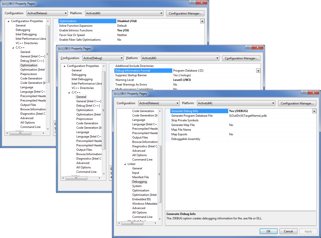 Visual Studio* Project Properties (Debug Information & Optimization)