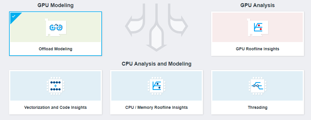 インテル® Advisor を使用して、次のパースペクティブからコードを解析できます: ベクトル化とコードの調査、CPU/メモリー・ルーフライン、スレッド化。オフロードのモデル化、GPU ルーフラインの調査