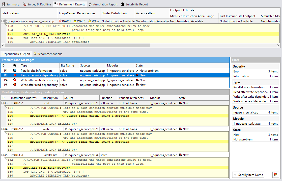 スレッド化を妨げる可能性のあるループ依存があるか確認するには、リファインメント・レポートを参照してください。