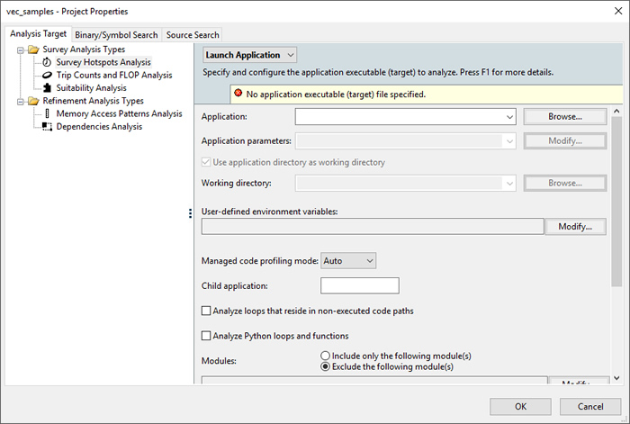 インテル® Advisor ダイアログボックス: プロジェクトのプロパティー