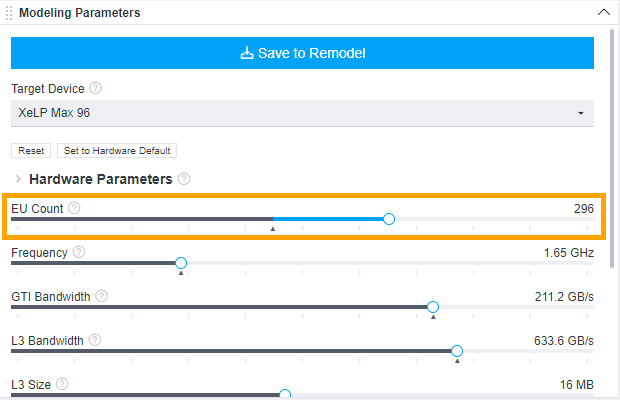 [Modeling Parameters (モデル化パラメーター)] ペインの EU Count (EU 数) の値を増やします。