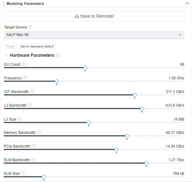 オフロードのモデル化レポートの [Summary (サマリー)] タブを開くと、変更可能なターゲットデバイスのパラメーターを示す [Modeling Parameters (モデル化パラメーター)] ペインが表示されます。