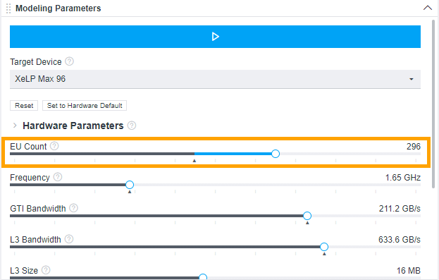[Modeling Parameters (モデル化パラメーター)] ペインの EU Count (EU 数) の値を増やします。