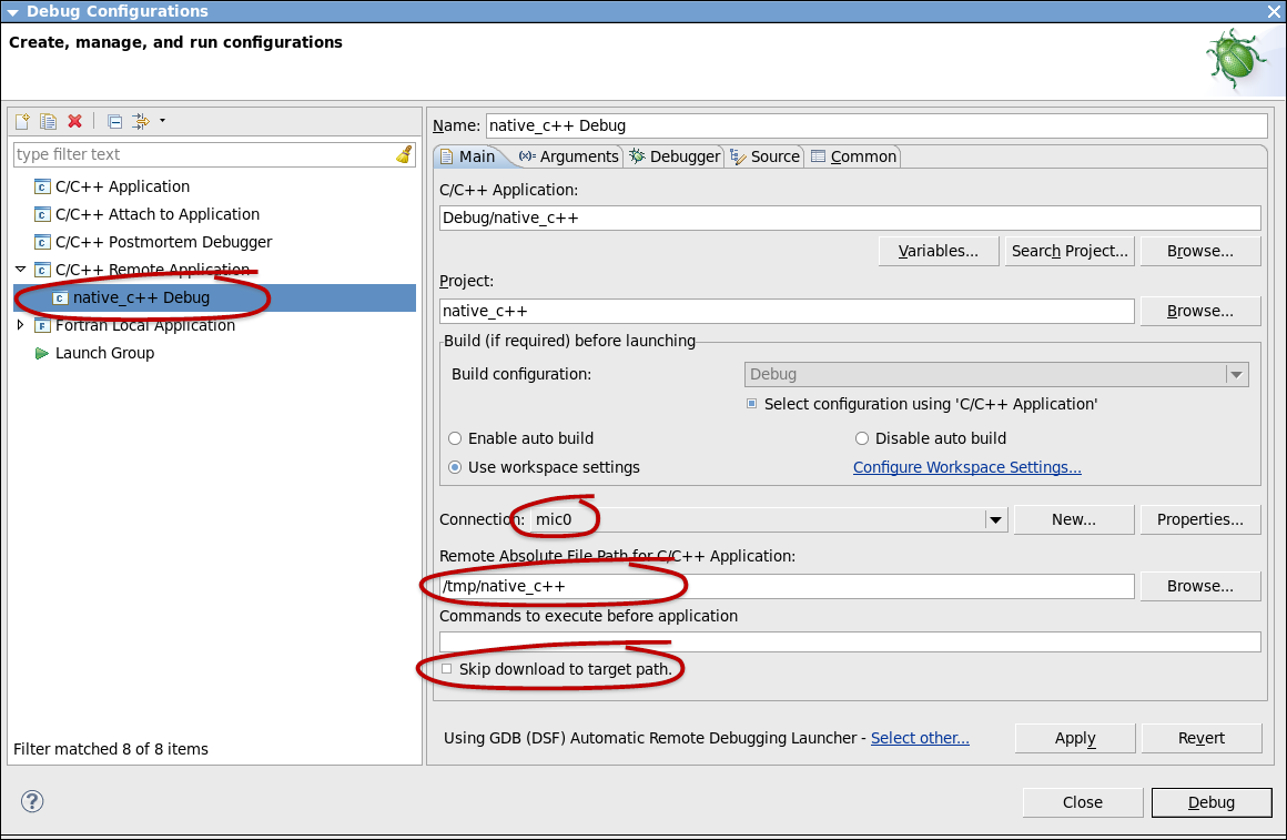 Eclipse* IDE の [Debug Configurations] ウィンドウ