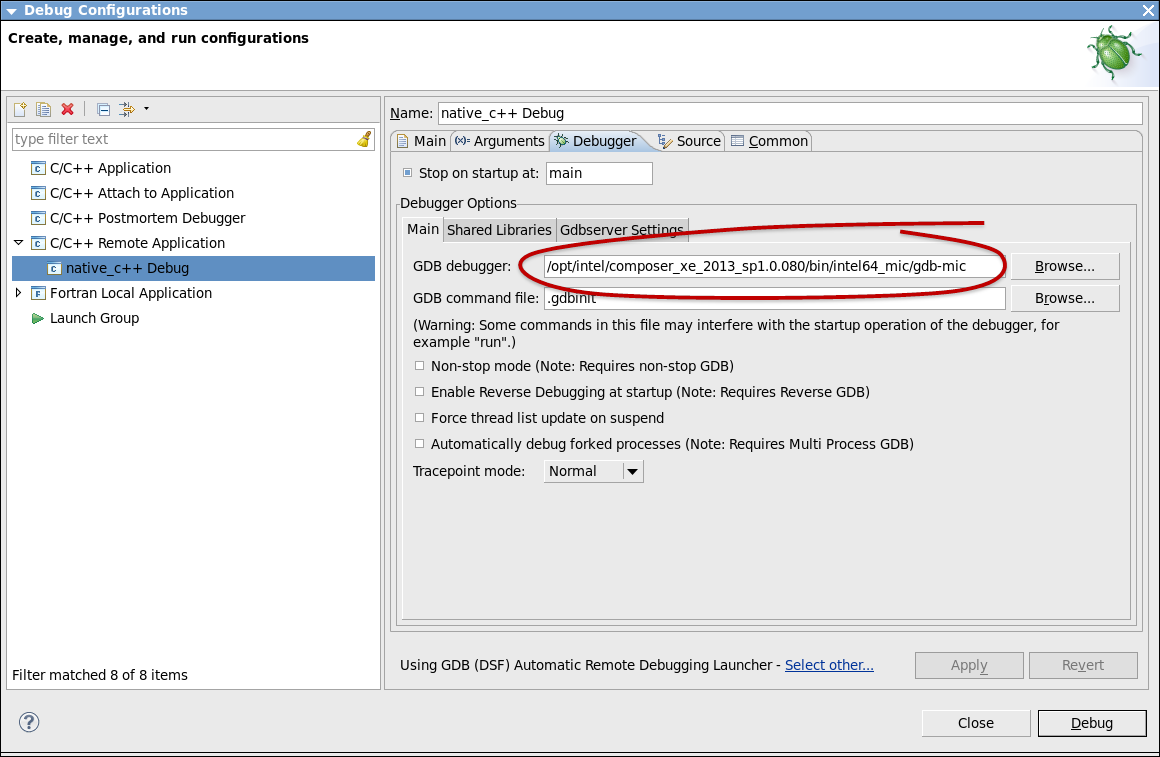 Eclipse* IDE の [Debug Configurations] ウィンドウ ([Debugger] タブ)