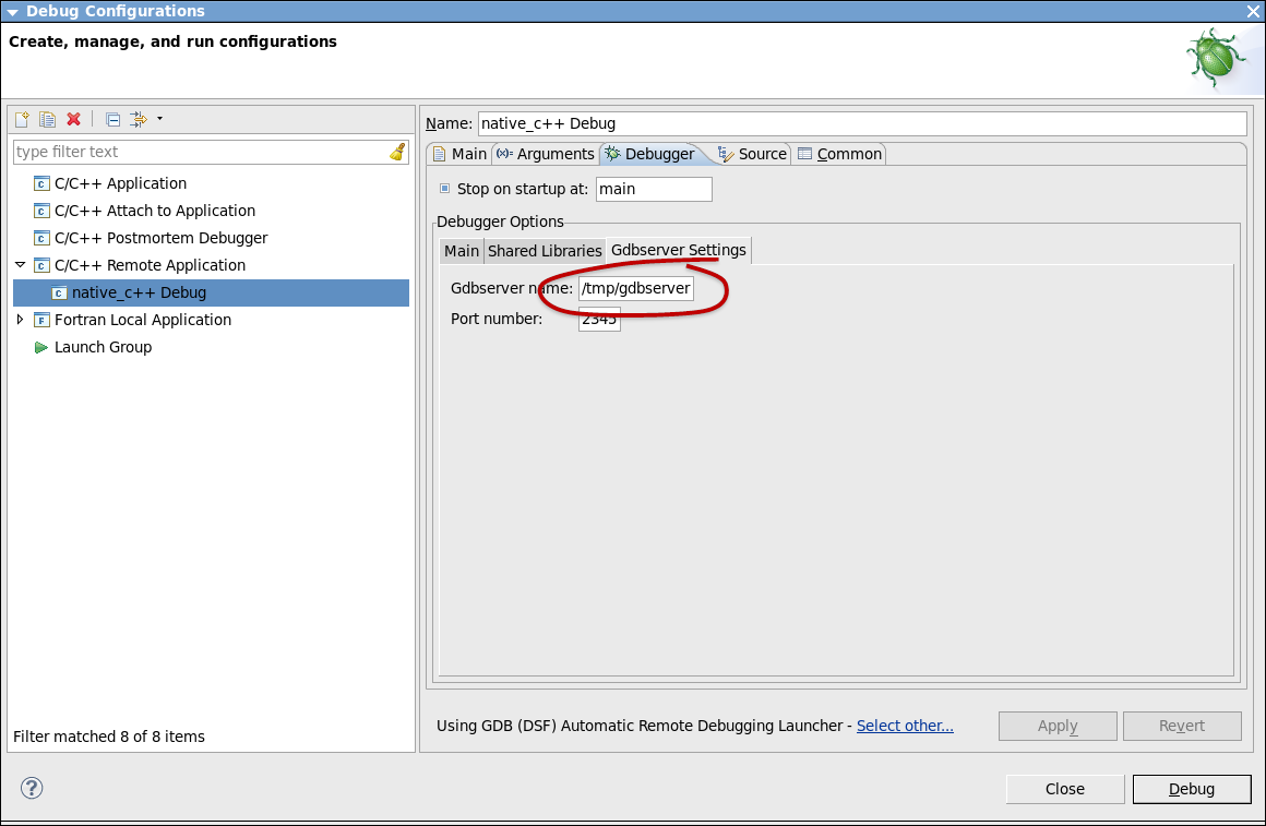 Eclipse* IDE の [Debug Configurations] ウィンドウ ([Debugger] タブの [GDBServer Settings])