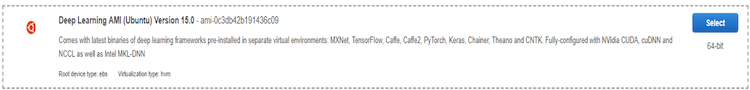 selected Deep Learning AMI screenshot