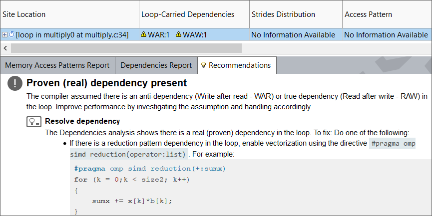 Advisor's Dependencies analysis has proven the existence of dependencies but recommended a workaround.